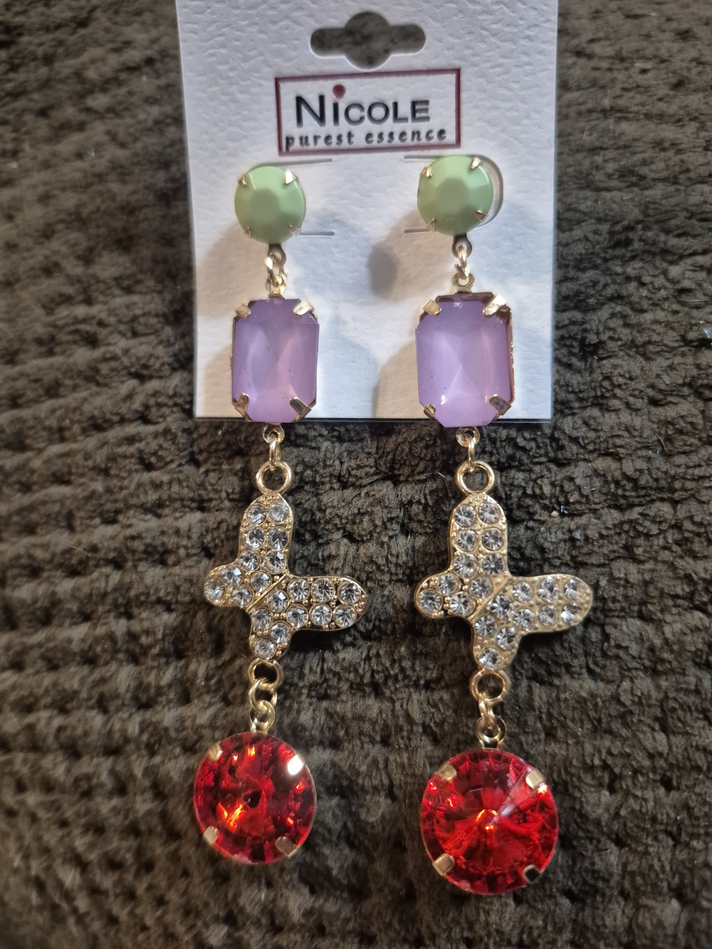 Nicole Gold-Tone Butterfly Drop Earrings with Lavender, Mint & Red Crystals